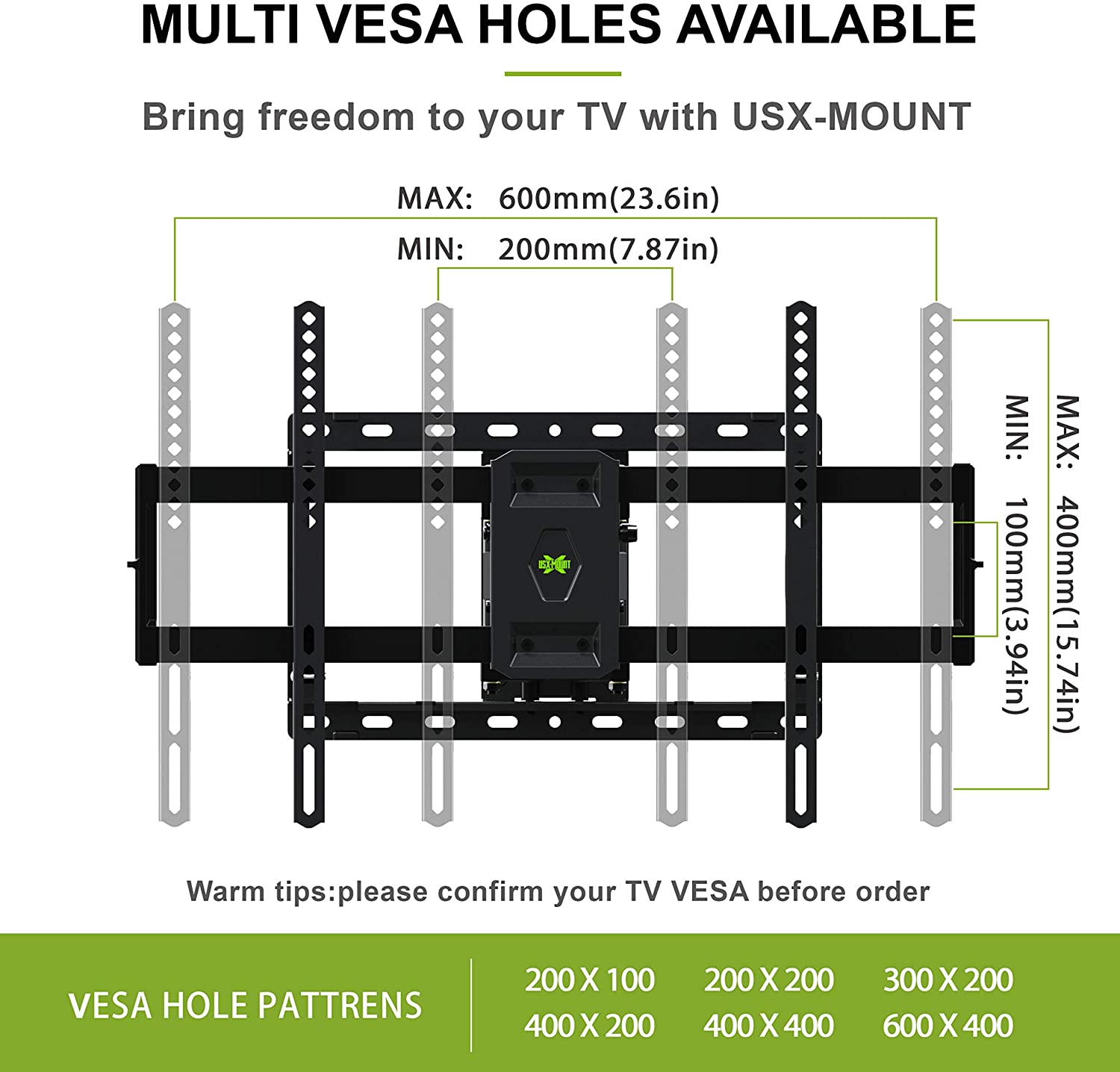 USX-MOUNT Support mural pour TV orientable et inclinable pour LED de 47 à  84 pouces, LCD, Plasma TV avec max.VESA 600 x 400 mm, support TV avec  extensible double bras ultra puissant